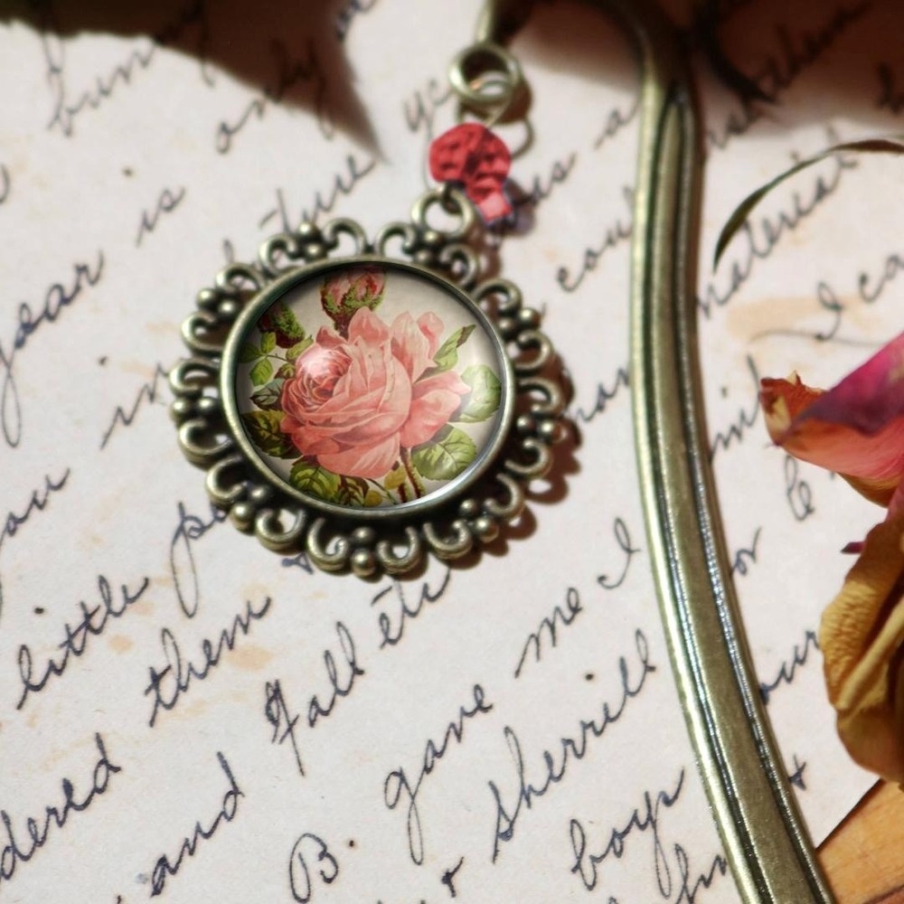 Victorian Tea Rose Bookmark - Romantic Floral - Bronze‎ and Glass Cabochon - NEW